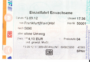 フランクフルト中央駅からフランクフルト空港までの電車の切符